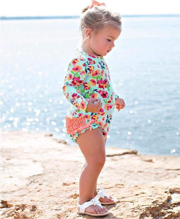 RuffleButts: Swimsuit - Painted Flowers One Piece Rash Guard For Toddler Girls - Charlarue Kids