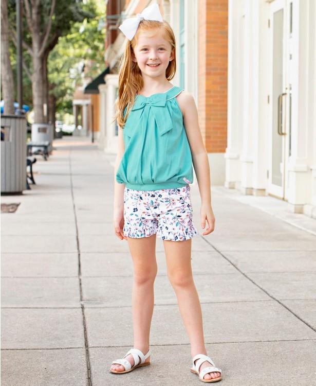 RuffleButts: Blue Lagoon Bow Front Scoop Tank Top For Girls - Charlarue Kids