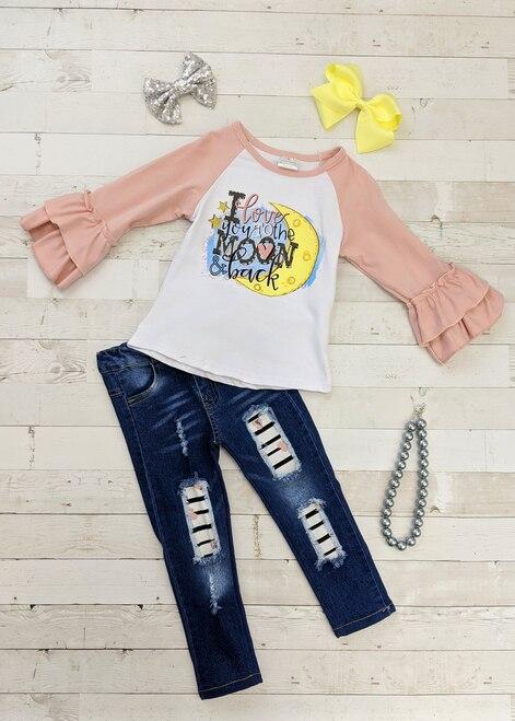 To the Moon & Back Bell Ruffle Raglan & Cutout Distressed Jeans - Charlarue Kids