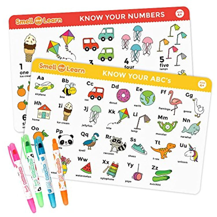 Scentco - Educational Numbers & Letters Learning Mat & (4ct) Scented Washable Gel Crayons
