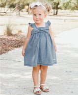 RuffleButts: Light Wash Denim Flutter Bow Dress For Toddler Girls - Charlarue Kids