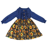 Girls Long Sleeve Ruffled Sunflower Leopard Print Denim Dress - Charlarue Kids Retail