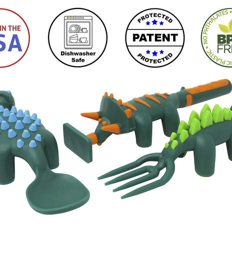 Constructive Eating - Set of 3 Interactive Dinosaur Utensils - Spoon, Fork, & Pusher - Charlarue Kids Retail