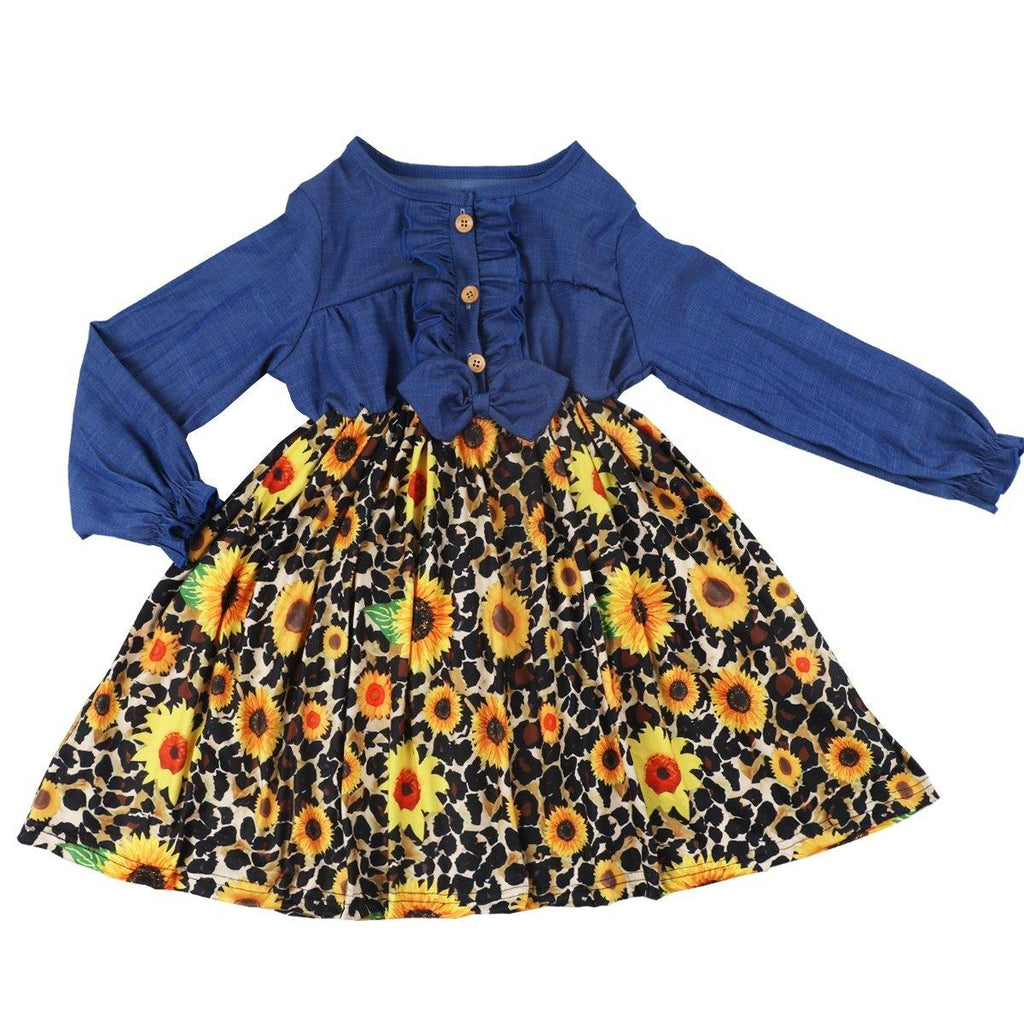 Girls Long Sleeve Ruffled Sunflower Leopard Print Denim Dress Girls Long Sleeve Ruffled Sunflower Leopard Print Denim Dress
