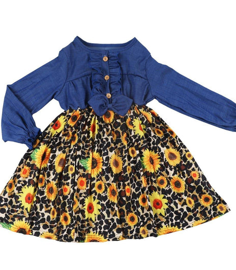 Girls Long Sleeve Ruffled Sunflower Leopard Print Denim Dress - Charlarue Kids Retail