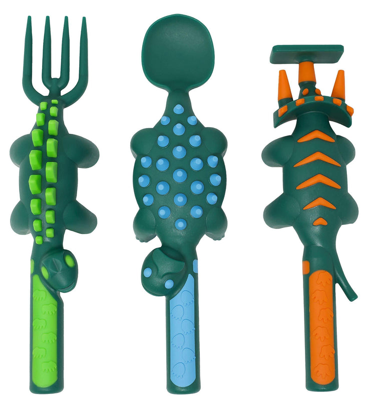 Constructive Eating - Set of 3 Interactive Dinosaur Utensils - Spoon, Fork, & Pusher - Charlarue Kids Retail
