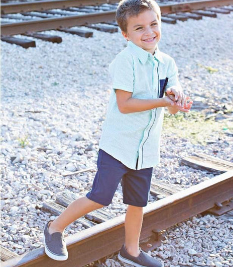 RuggedButts: Short Sleeve Button Down Shirt Mint Seersucker For Toddler Boys - Charlarue Kids