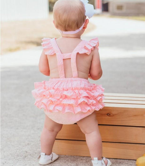 Rufflebutts -  Pink Swiss Dot Flutter Overall Rompers - Toddler Girls