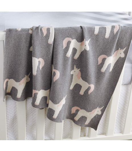 Mud Pie - Soft Cotton Nursery Decor Unicorn Blanket, Grey - Charlarue Kids Retail