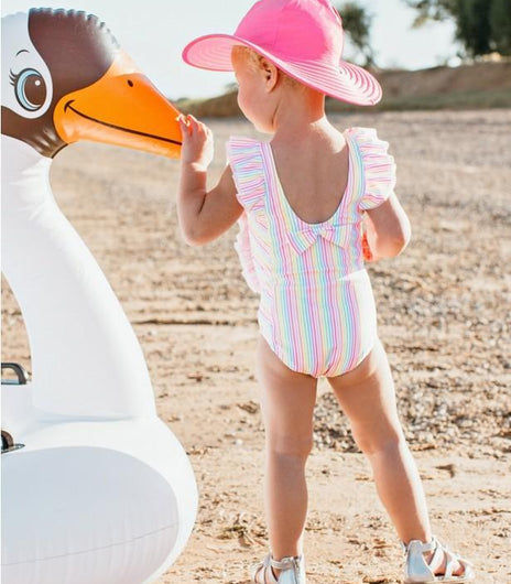 RuffleButts: Swimsuit - Rainbow Stripe Waterfall One Piece Toddler Girls - Charlarue Kids