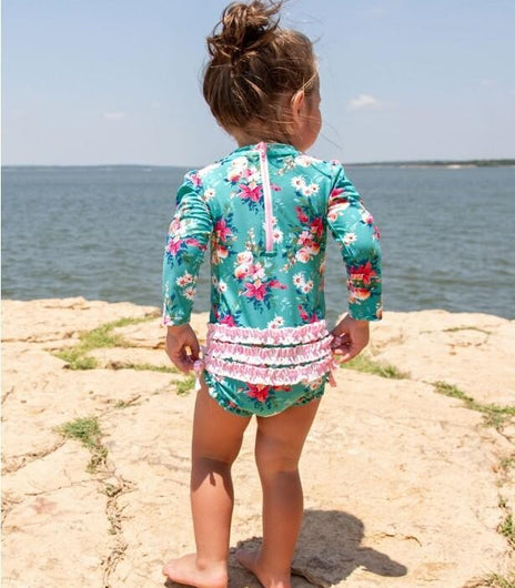 Rufflebutts - (UPF 50+) Fancy Me Floral One Piece Rash Guard Swimsuit For Toddler Girls